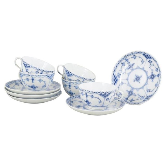 1920s Blue Fluted Half Lace Cups and Saucers from Royal Copenhagen, 1920s, Set of 10 For Sale - Image 5 of 5