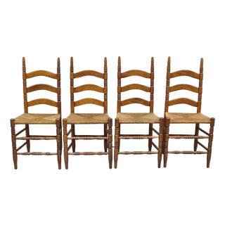 Antique Ladderback Primitive Rustic Oak Wood Rush Seat Dining Chairs - Set of 4 For Sale