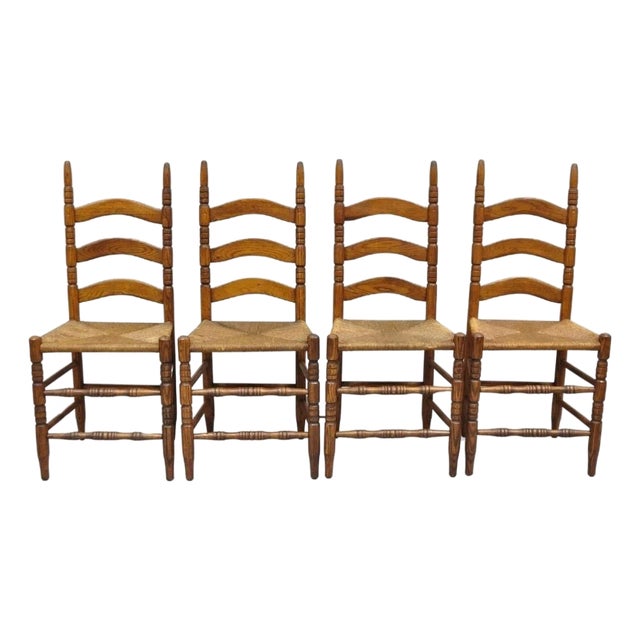 Antique Ladderback Primitive Rustic Oak Wood Rush Seat Dining Chairs - Set of 4 For Sale