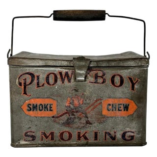 Antique Plow Boy Chewing Smoking Tobacco Lunch Pail Tin For Sale