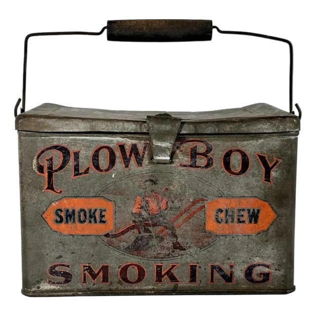 Antique Plow Boy Chewing Smoking Tobacco Lunch Pail Tin For Sale