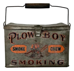 Antique Plow Boy Chewing Smoking Tobacco Lunch Pail Tin