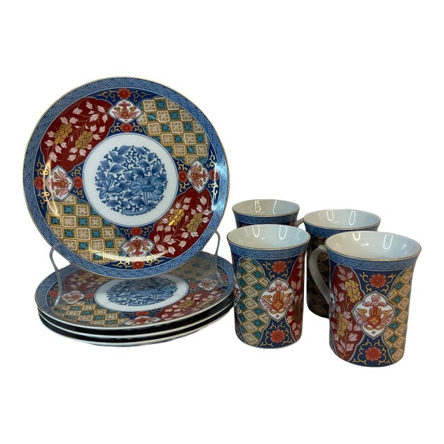 1950s Vintage Chinoiserie Japanese Imari Luncheon Plates and Mugs - Set of 8. For Sale