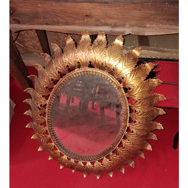 Hollywood Regency Sunburst Mirror in Gilt Metal with Leaf Decoration Work, 1960s For Sale - Image 3 of 6