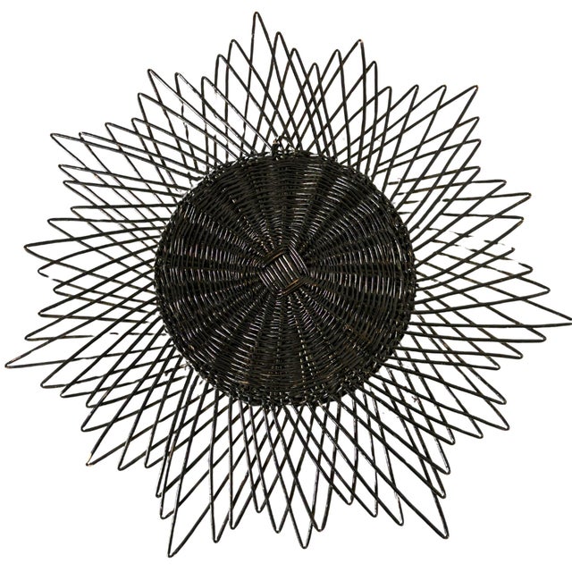 1950s Vintage French Sunburst Mirror in Ebonized Wicker With Convex Glass, Circa 1950s For Sale - Image 5 of 6