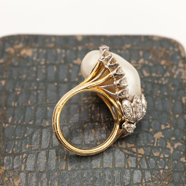 Mid 20th Century 18k Yellow Gold and White Gold Gia Certified Natural Pearl Diamond Ring, Size 6.5 For Sale - Image 9 of 11