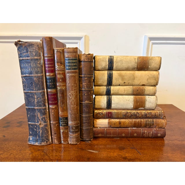 Illustration Group of 12 Assorted Leather or Marbled Bound Books, 19th Century For Sale - Image 3 of 4