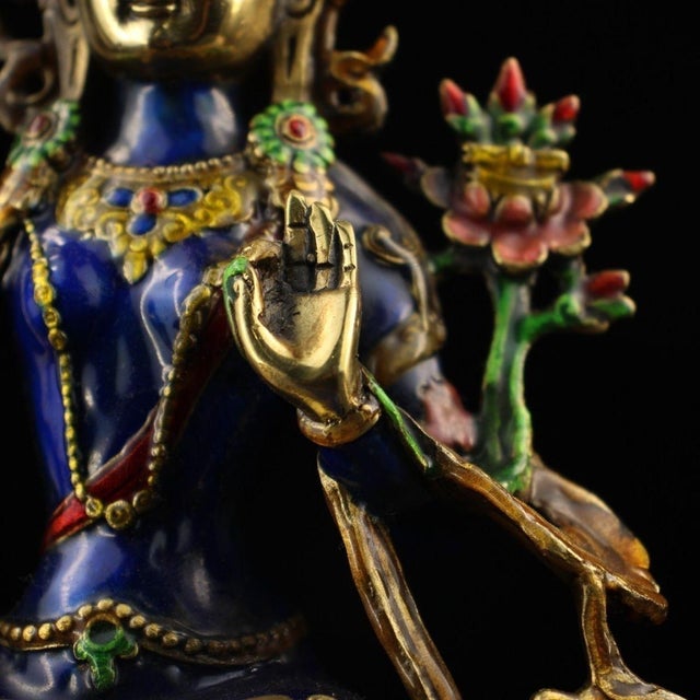 Metal Vintage Cloisonné Enamel Bronze Manjushri Statue Buddhist Deity Sword 8.3" For Sale - Image 7 of 9