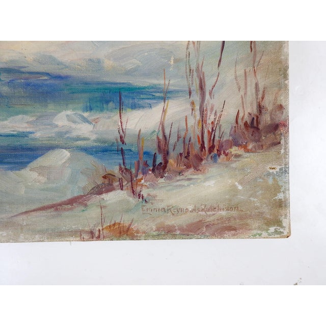 Early 20th century oil on canvas misty blue winter landscape painting. Signed Emma Reynolds Hutchison lower right corner....