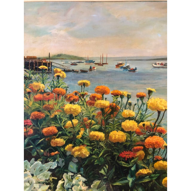 Impressionist Original Vintage 1970’s Beach/Boats/Marigold Landscape Painting For Sale - Image 3 of 8