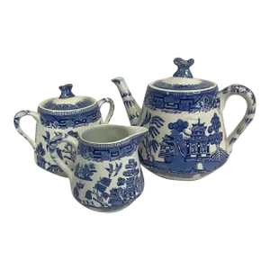 Late 1800s Antique Willow Blue Birds Ridgeway English Tea Pot Set, Diamond Stamp - 3 Pieces.