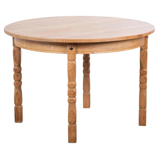 Vintage Brutalist Round Oak Dining Table with Extensions by Henning Kjærnulf, 1960s For Sale - Image 11 of 11