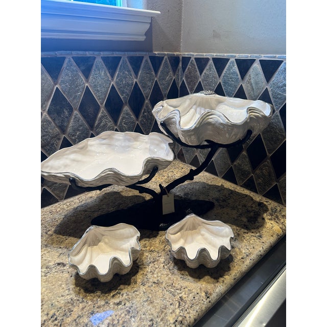 Rare Pottery Barn “ Under the Sea “ Ceramic Shell Serving Collection With Sculptural Metal Stand - 4 Pieces For Sale - Image 4 of 10