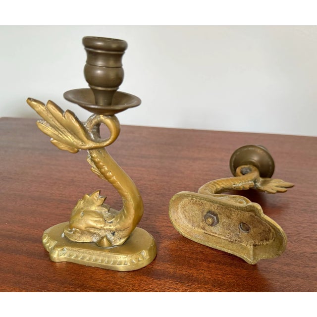 Metal Pair of Vintage Brass Neoclassical Dolphin Candlesticks For Sale - Image 7 of 7
