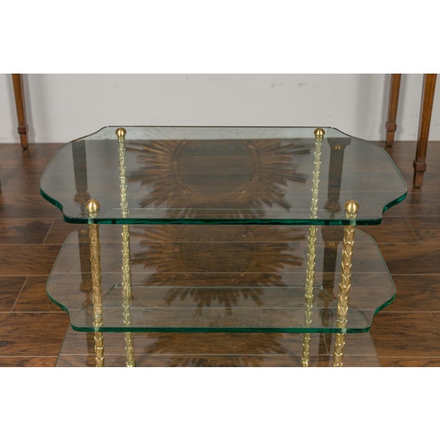 Metal Mid 20th Century Brass Three-Tiered Table with Glass Shelves and Foliage Motifs For Sale - Image 7 of 12