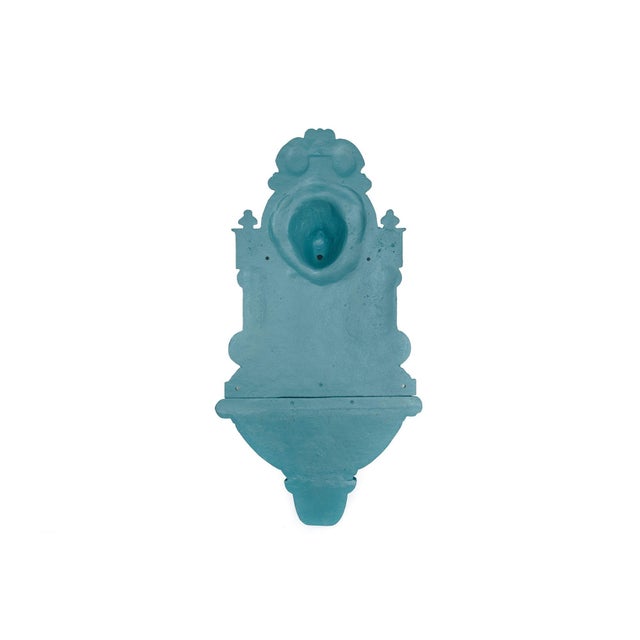 Early 20th Century Antique Cast Iron Wall-Mounted Teal Painted Garden Fountain With Lion Mask For Sale - Image 5 of 18