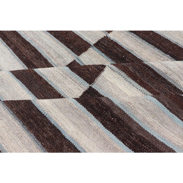 2020s Kilim Rug in Multi-Panel Striped Design With Chocolate Brown, Cream & Light Blue 8'9 X 11'9 For Sale - Image 11 of 13