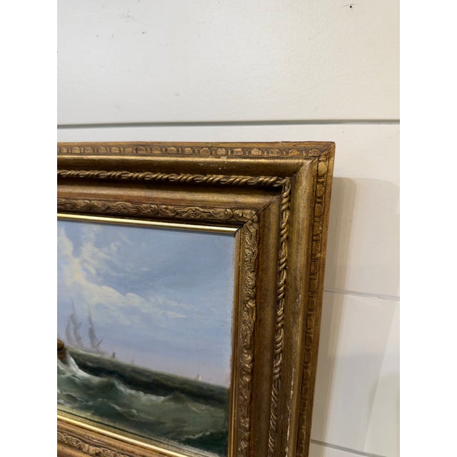 A lovely English seascape oil painting with sailing boats in a rugged sea under a moody sky. The artist's expressive...
