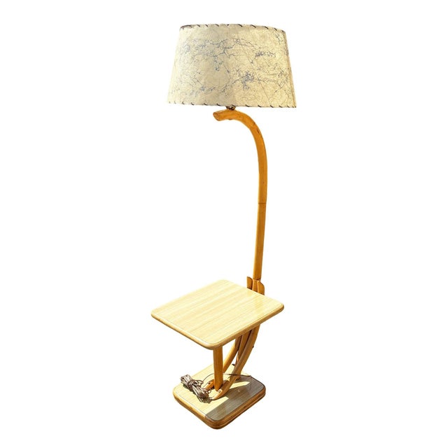 Mid-Century Modern 1950s Rare Restored Two-Tier Rattan Floor Lamp W/ Built-in Formica Top Side Table For Sale - Image 3 of 11