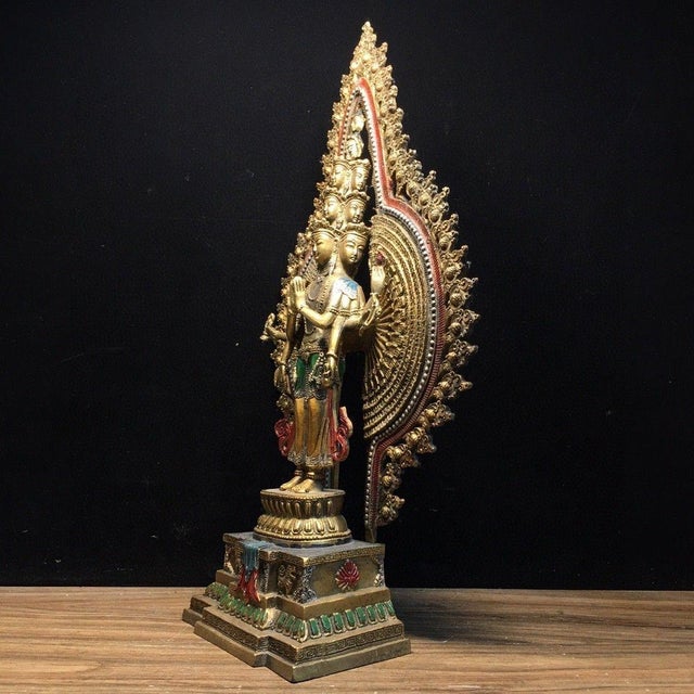 Late 20th Century Vintage Gilt Bronze Thousand-Hand Guanyin Figure – Painted Buddhist Statue For Sale - Image 5 of 9