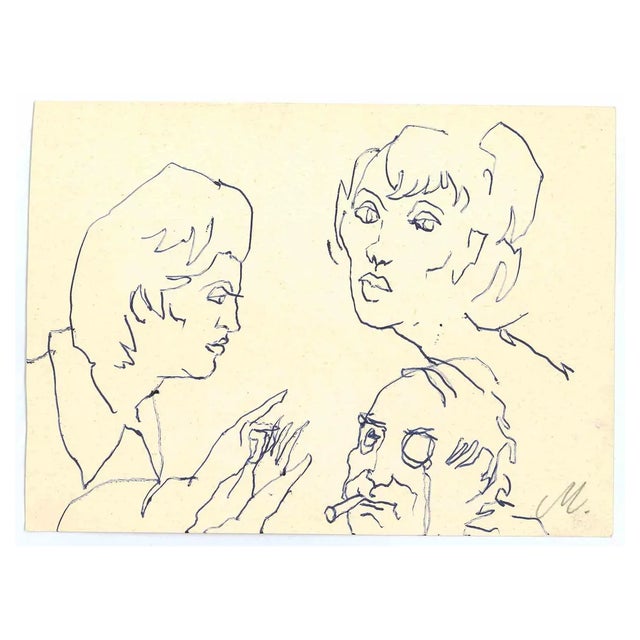 Mino Maccari, Portraits, Ink Drawing, 1960s For Sale