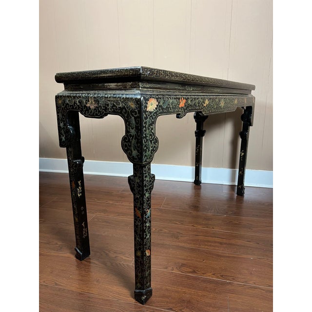 Vintage Chinese Console Table Black Lacquer Chinoiserie Gilt Hand Painted C1950 For Sale - Image 13 of 18