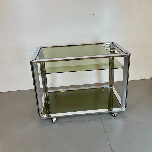 Modern Space Age Chrome and Smoked Glass Bar Cart, 1970s For Sale - Image 3 of 18