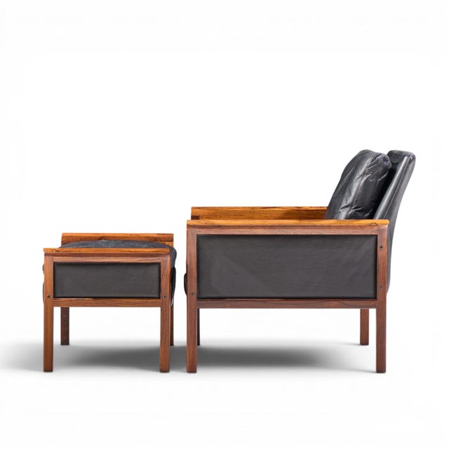 Wood Knut Saeter for Vatne Møbler Mid Century Norwegian Rosewood and Leather Lounge Chairs - Pair With Ottoman For Sale - Image 7 of 12