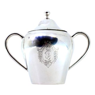 Silver Sugar Bowl with Handles, Engraved Monogram Plaque and Knob Lid For Sale