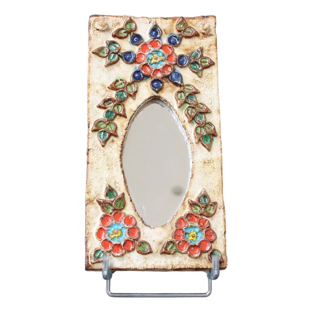 Vintage French Ceramic Wall Mirror with Flower Motif by La Roue, 1960s For Sale