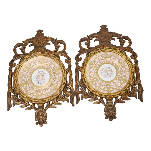 Porcelain Cherub Plates with Gilt Frames, Set of 2 For Sale