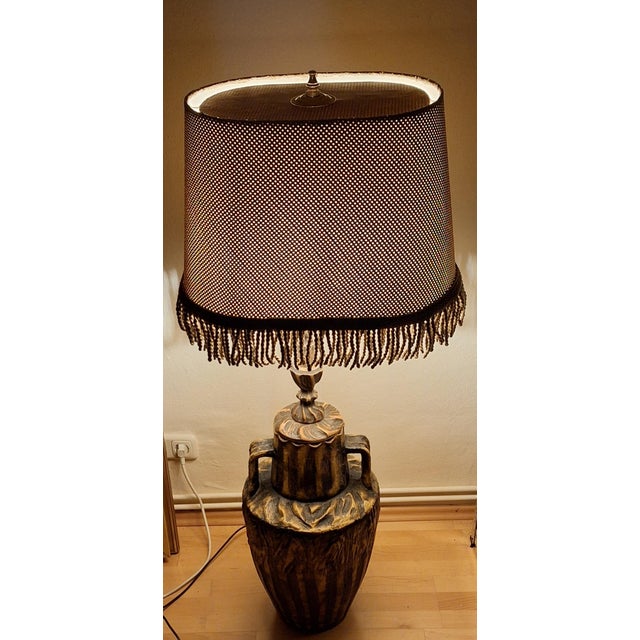 Large German Handmade Brown Ceramic Table Lamp with Faux Leather Shade, 1970s For Sale - Image 3 of 12
