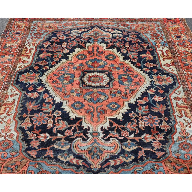 Antique Persian Serapi-Heriz Rug with Geometrics Design in Midnight Blue, light blue, terracotta Measures: 7'3 x 11'0...