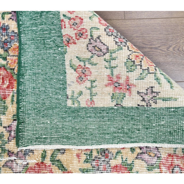 Textile 5'8x6'7 Ft, Turkish Floral Area Oushak Vintage Hand-Knotted Floral Green Bordered For Sale - Image 7 of 8