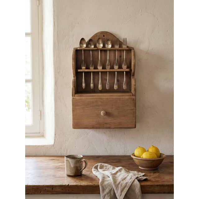 Hand-Carved Folk Art Pine Cutlery Rack with Drawer, 1950s For Sale - Image 3 of 18