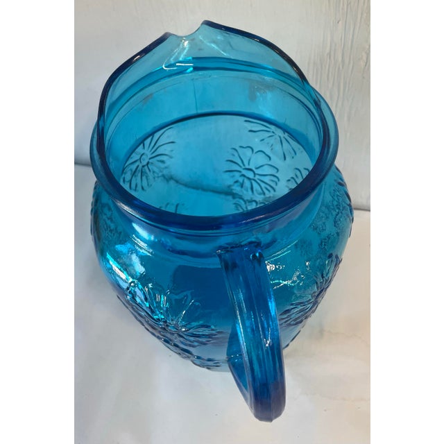 Vintage Blue Anchor Hocking Spring Song Embossed Daisy Pitcher For Sale In Dallas - Image 6 of 6