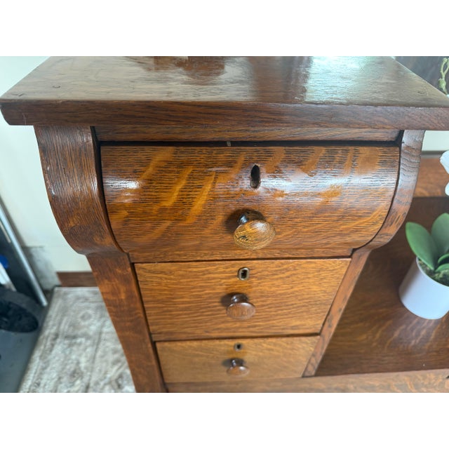 Coffee Antique American Solid Tiger Oak Drop-Center Vanity Dressing Table With Lion's Paw Feet For Sale - Image 8 of 10