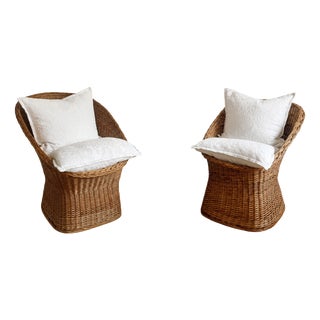 Mid-Century Sculptural French Wicker Barrel Armchairs, 1960s, Set of 2 For Sale