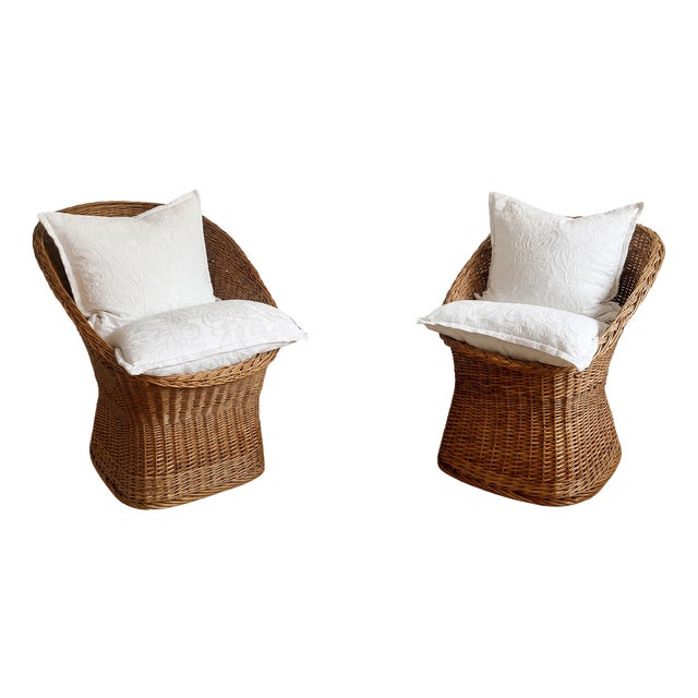 Mid-Century Sculptural French Wicker Barrel Armchairs, 1960s, Set of 2 For Sale