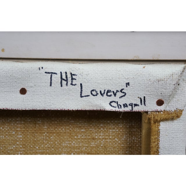 Blue Late 20th Century The Lovers Embrace at Moonlight Oil Painting After Marc Chagall 29" For Sale - Image 8 of 12