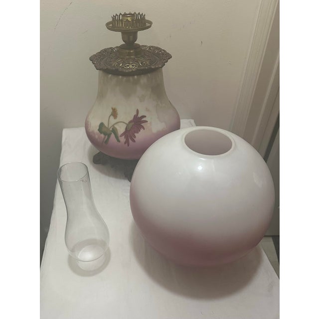 Antique Victorian Electrified “GWTW”Oil Lamp With Hand-Painted Floral Double Glass Shades For Sale - Image 9 of 13