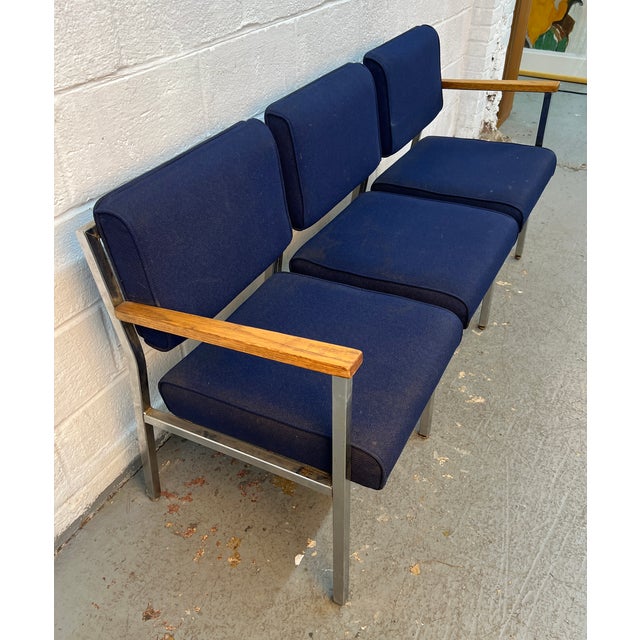 Wood Mid-Century Vintage Chrome Three Seat Airport Bench For Sale - Image 7 of 14