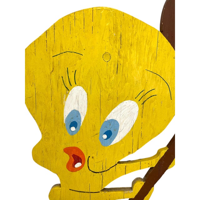 Vintage Hand-Painted Tweety Bird Wooden Cutout Sign With Mallet For Sale - Image 9 of 11