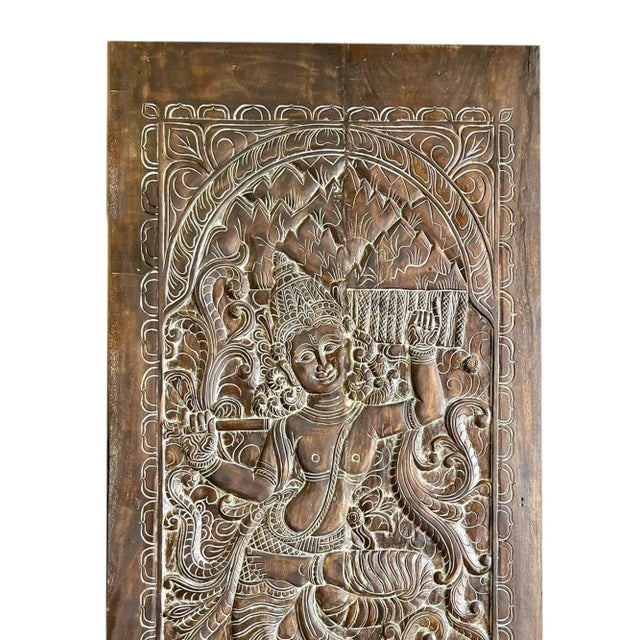 Hand Carved Vintage Indian Door Panel – Krishna Wall Art 84x41 For Sale - Image 4 of 6