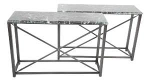 Pair of Neoclassical Style Steel Console Tables with Green Marble Tops