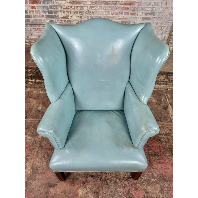 Teal 18th Century Teal Leather Upholstered Wing Chair-George III For Sale - Image 8 of 13