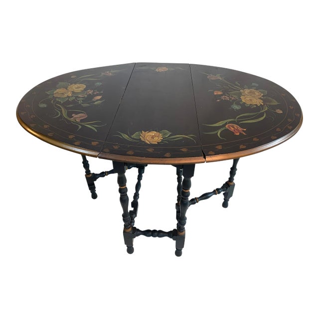 1940s Black Lacquer Floral Tole Gateleg Table For Sale