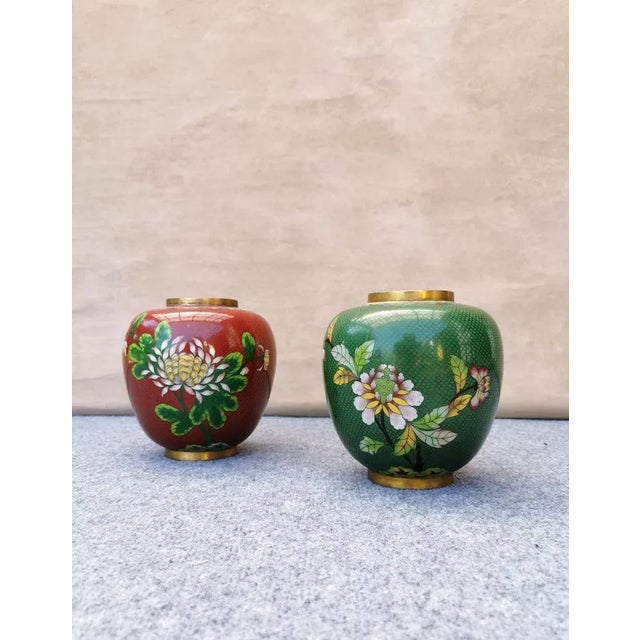 Mid-Century Modern Vintage Cloisonné Vases with Asian Flower Pattern, 1950, Set of 2 For Sale - Image 3 of 18