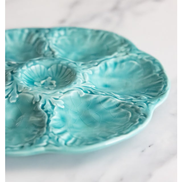 Gien Vintage French Gien Turquoise Majolica Oyster Plate For Sale - Image 4 of 7