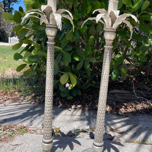 Late 20th Century Hollywood Regency Palm Tree Table Lamps Silver Gilt Tole, a Pair For Sale - Image 5 of 12